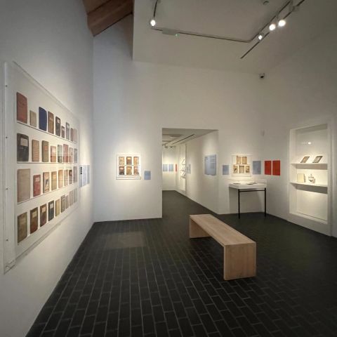 Hogarth Press display cases installed in the Wolfson Gallery at Charleston, Firle.