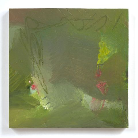 Green painting with layered brushstrokes, soft central haze, looping marks near the top and small flashes of red and yellow at the edges.