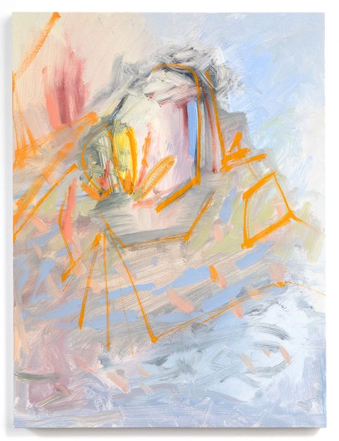 Pale blues and pinks with loose brushstrokes, overrun by bright orange linear marks that hover between structure and drifting calm.