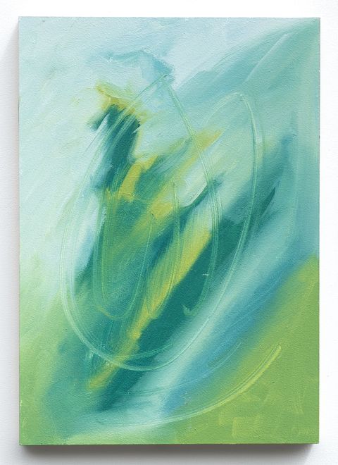 Soft greens and blues, with sweeping, wind-like strokes and looping translucent lines that suggest a brisk sense of movement, like walking through fresh countryside air.