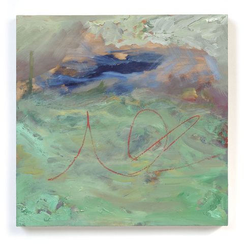 Abstract oil painting with overlapping geometric forms in soft blues, greys, and ochres, suggesting shelter and architectural fragments against a muted background.