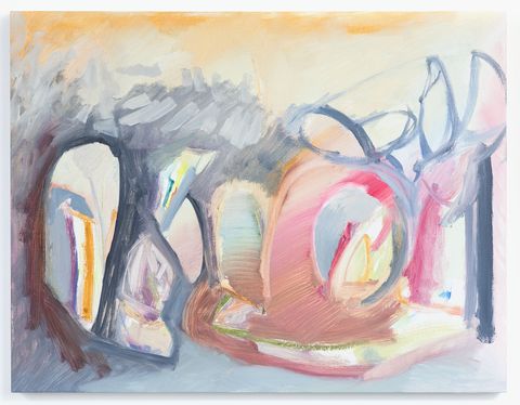 Soft blues, greys and warm pinks form looping arch shapes, suggesting tidal movement and coastal light.