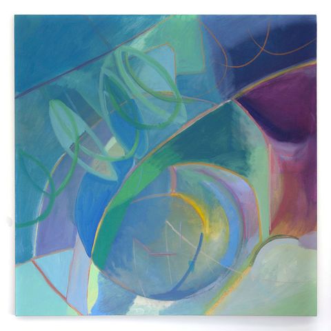 Abstract oil painting with intersecting angular forms and curved elements in blues, greys, and ochres, creating a sense of movement and rhythmic interaction across the canvas.
