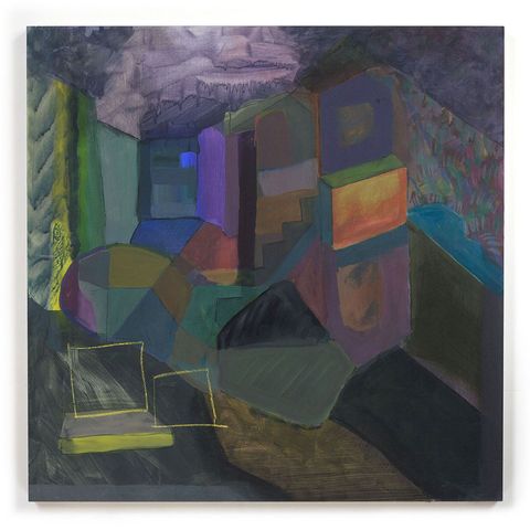 Abstract oil painting featuring stacked and overlapping box-like forms in muted blues, greys and ochres, with linear elements suggesting construction and spatial depth.