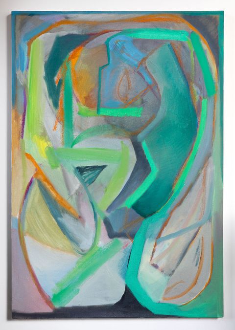 Broad green and teal bands curve around softer greys and oranges, hinting at a turning path with overlapping routes and pauses.