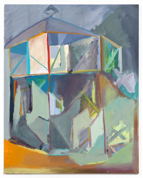 Abstract oil painting of a fragmented house-like structure, built from angular planes of grey, teal, violet and ochre, with bright linear accents suggesting scaffolding or framing against a muted, stormy background.