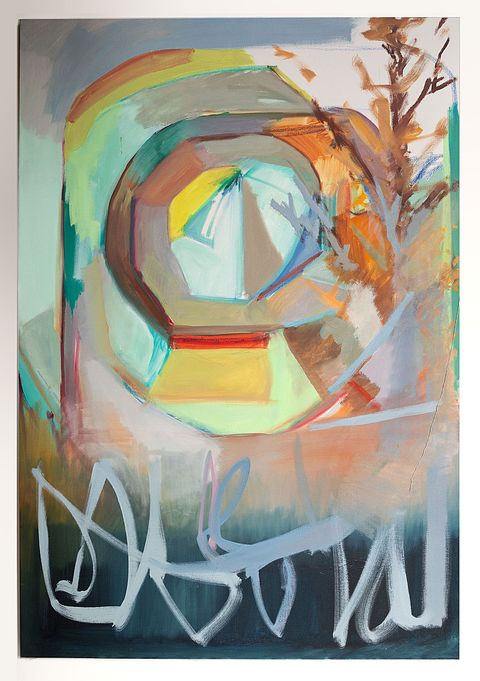 Layered octagonal form and tree-like marks in soft greens, oranges and blues above loose graffiti-like lines, echoing the design and movement of a round artwork in a custom case.