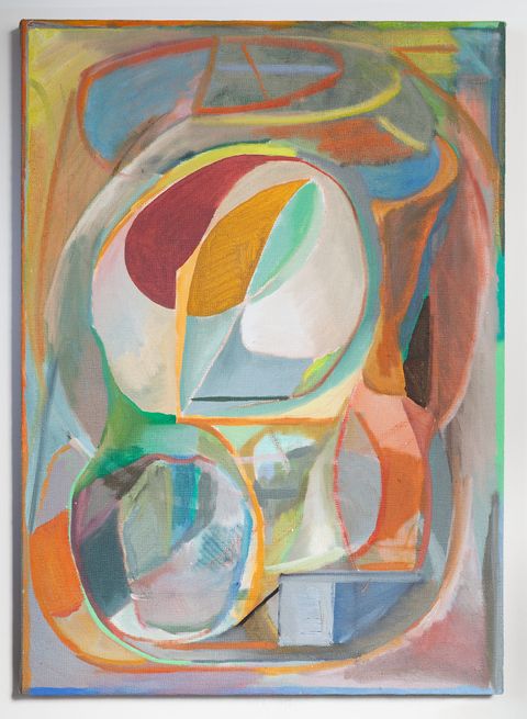 Overlapping vessel-like forms and window shapes in layered oranges, greens, blues and greys, suggesting glass containers and an unstable interior space.