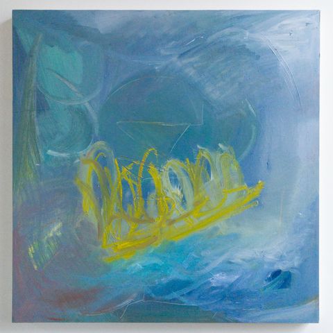 Turbulent blue sea-like field with swirling strokes and a cluster of rough, looping yellow marks near the centre, suggesting a small, frantic vessel or tangle of activity on restless water.