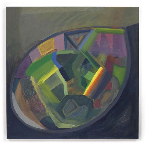 Abstract oil painting with bold geometric forms in blues, reds, and ochres, creating a strong sense of presence and declaration through layered architectural elements.