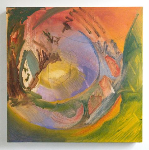 Abstract composition with sweeping circular forms and loose marks suggesting stormy weather giving way to calmer light, in warm oranges and greens around a soft glowing centre.