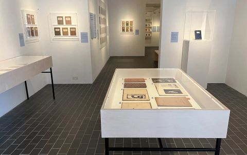 Overview of the Hogarth Press display cases in the Wolfson Gallery at Charleston, Firle.
