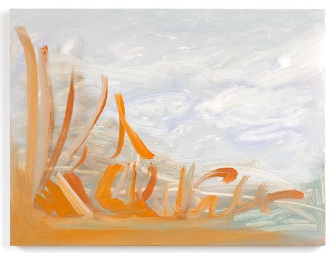 Abstract oil painting with flowing, rhythmic forms in blues and greys, suggesting tidal movement and the cyclical patterns of water and thought.