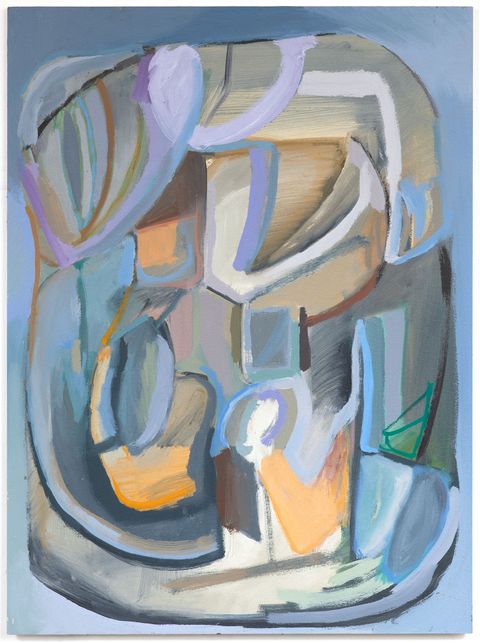 Interior suggested through interlocking curves and soft blocks of ochre, cream and lilac on a blue-grey ground, with forms clustered like furniture and thresholds shaped by repeated movement.