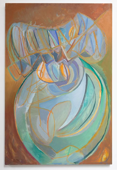 Abstract oil painting with overlapping geometric forms in soft blues, greys, and warm tones, suggesting gradual transformation and the process of becoming.