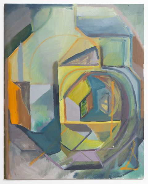 Geometric abstract composition of overlapping curved and rectangular forms in soft greens, blues, and grays, with bright yellow and orange accents creating a sense of depth and internal architectural space.