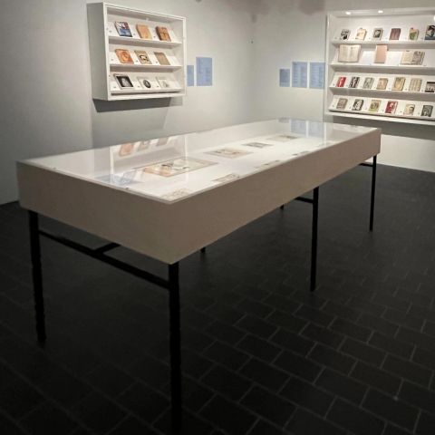 Freestanding vitrine displaying Hogarth Press books.