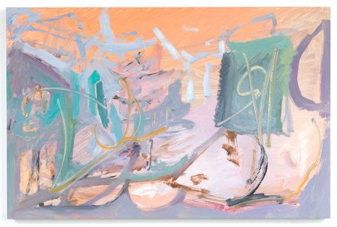 Abstract oil painting with warm pinks, reds, and ochres creating a sky-like atmosphere above geometric forms, suggesting landscape and architectural elements.